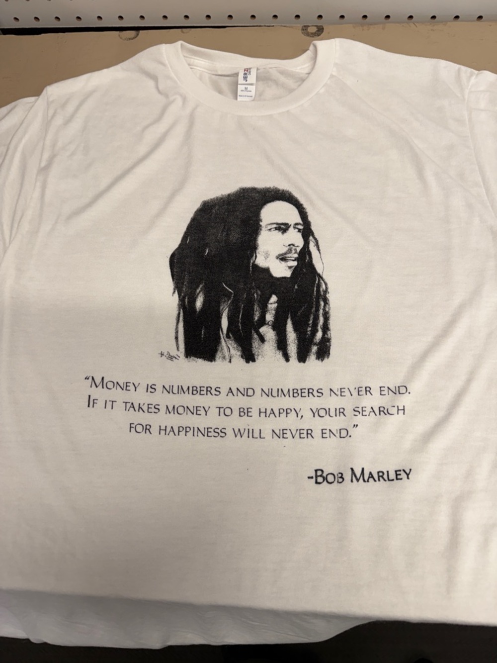 Jerzees White Graphic Tee with Black Bob Marley Portrait